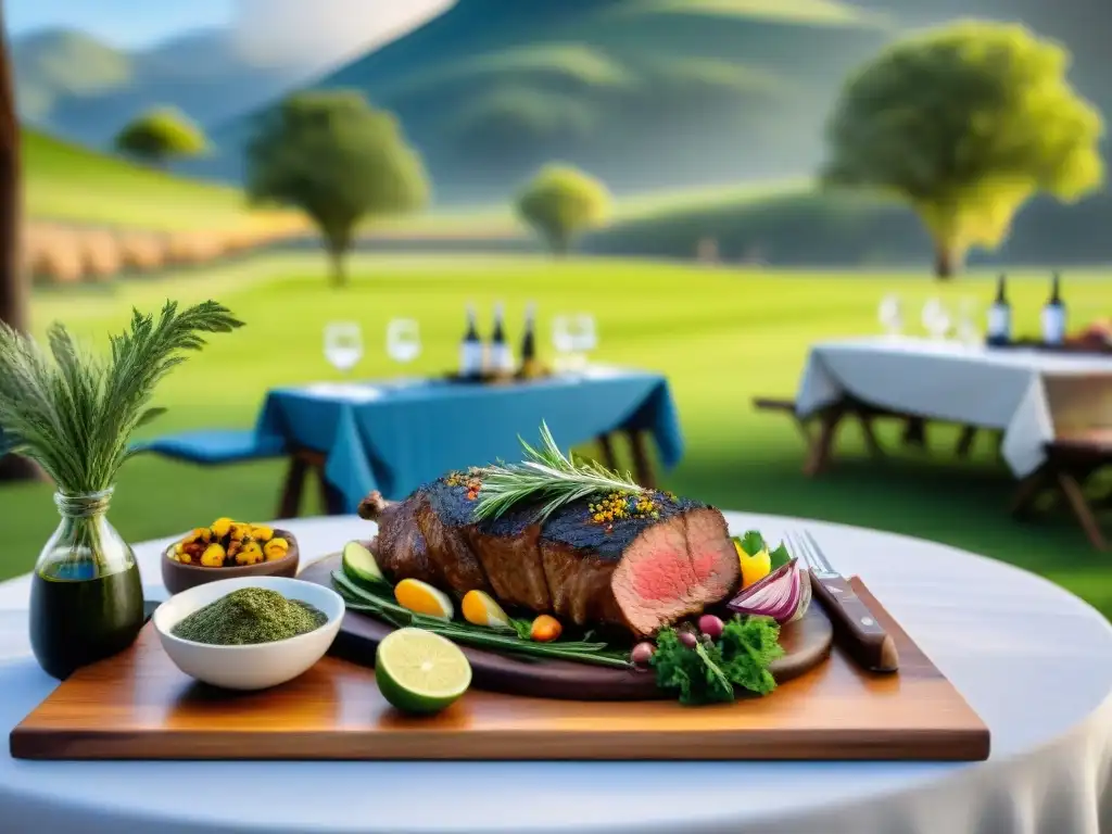 Un exquisito asado uruguayo para eventos corporativos, con mesa elegante y deliciosa comida típica, en un entorno campestre soleado y acogedor