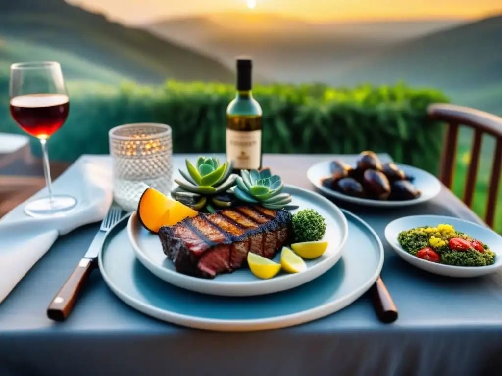 Exquisito asado uruguayo con maridaje de vinos en mesa al aire libre al atardecer