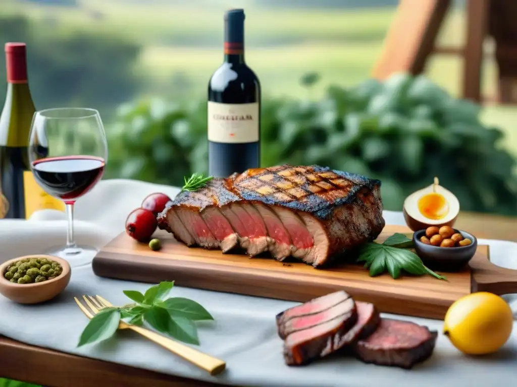 Exquisito asado uruguayo con maridajes de vinos, rodeado de naturaleza y luz cálida