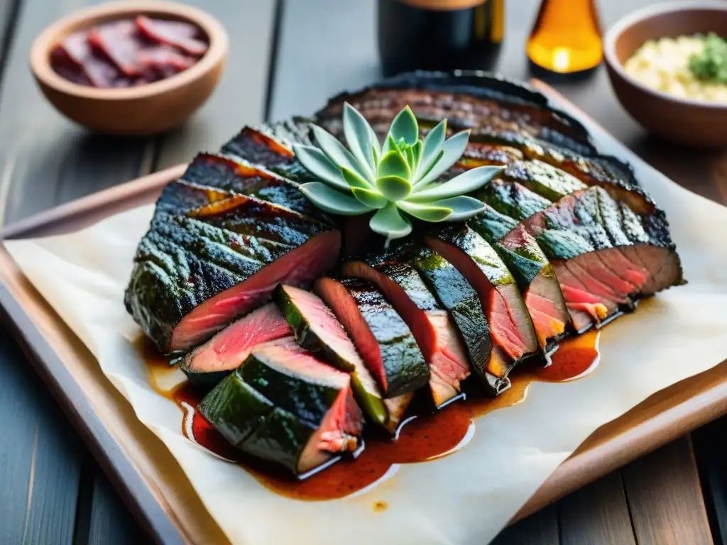 Exquisito asado uruguayo con los mejores cortes de carne, chimichurri y vino Tannat en mesa rústica al sol