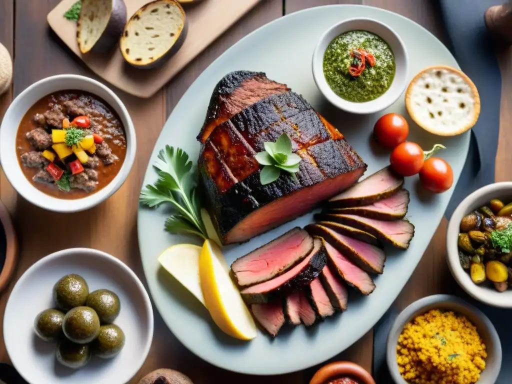 Un exquisito asado uruguayo en una mesa rústica, destacando la importancia de la presentación