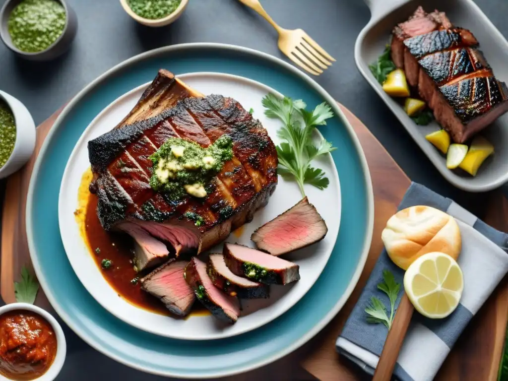 Exquisito asado uruguayo en parrilla, con pinzas de precisión, chimichurri y vino