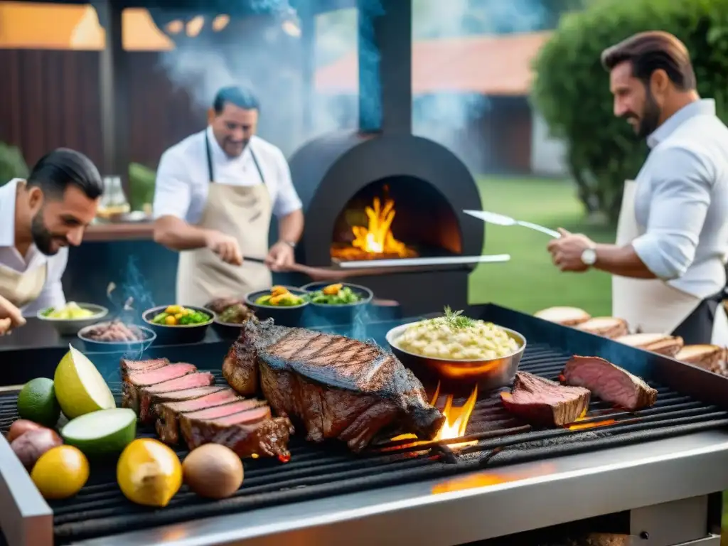 Un exquisito asado uruguayo en parrilla de alta gama, rodeado de amigos en un elegante patio al aire libre