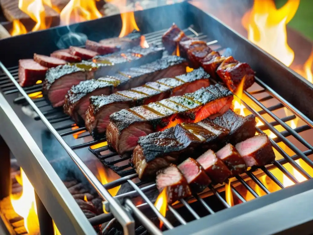 Exquisito asado uruguayo en parrilla premium con variedad de carnes y chimichurri al atardecer