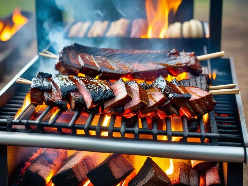 ¡'Delicioso asado uruguayo en parrilla tradicional'! Un exquisito asado uruguayo en parrilla, rodeado de humo y brasas, en un ambiente rústico