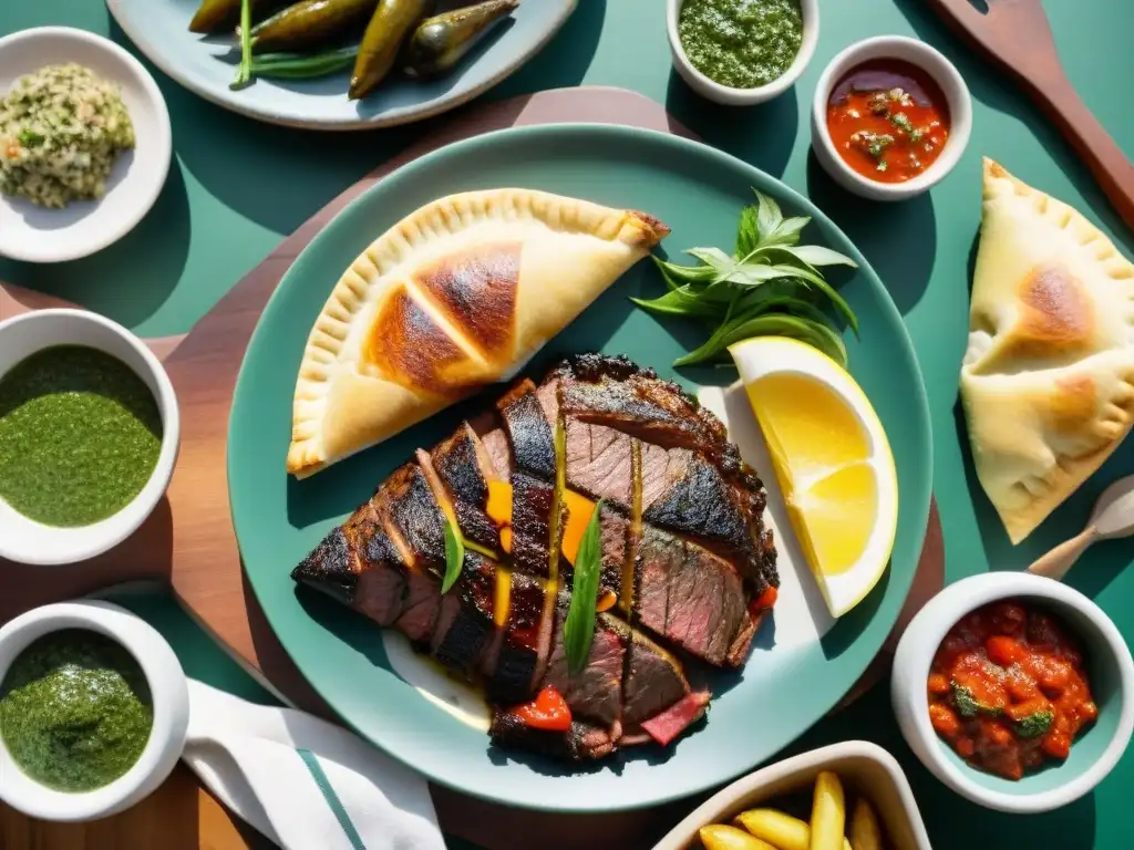 Exquisito asado uruguayo en parrilla con chimichurri rodeado de empanadas