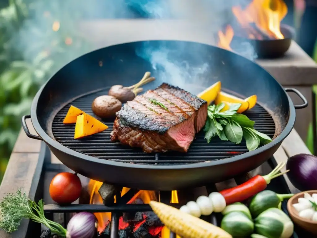 Exquisito asado uruguayo en parrilla rodeado de vegetales, humeante y apetitoso