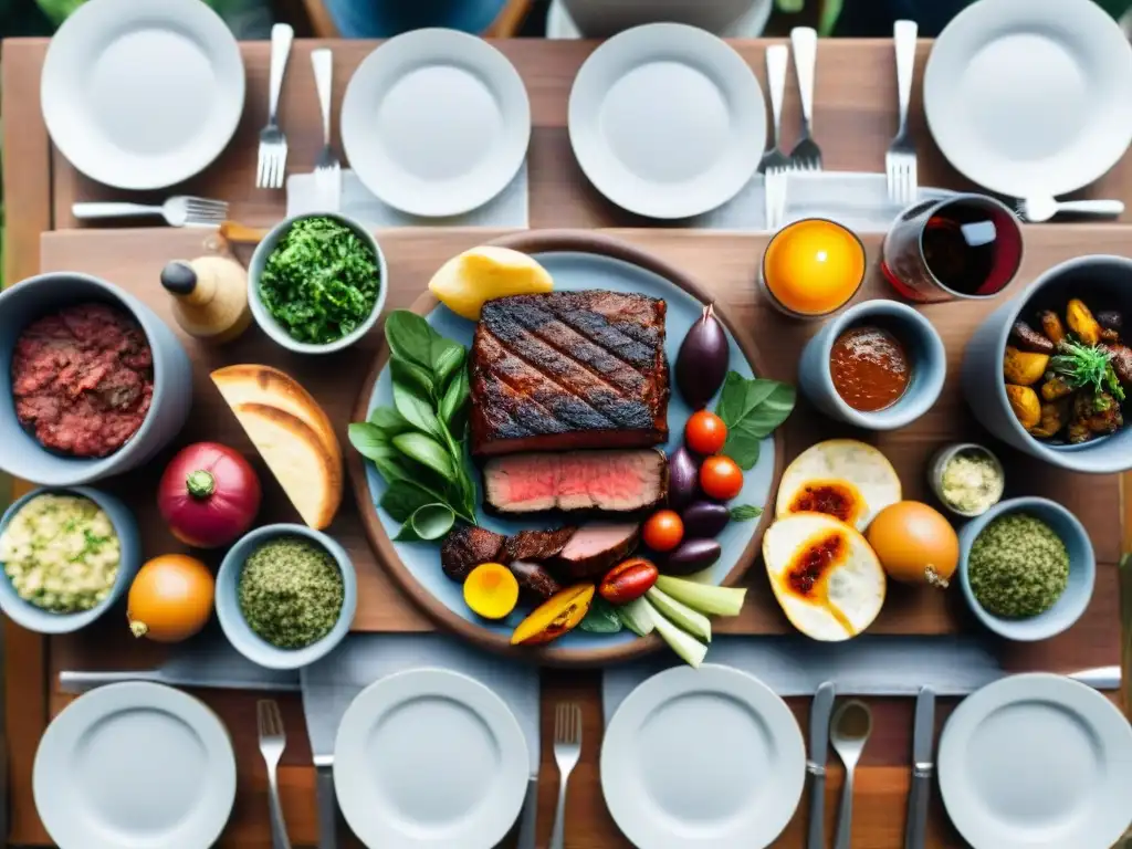 Exquisito asado uruguayo rodeado de los mejores acompañamientos, capturando una experiencia culinaria única