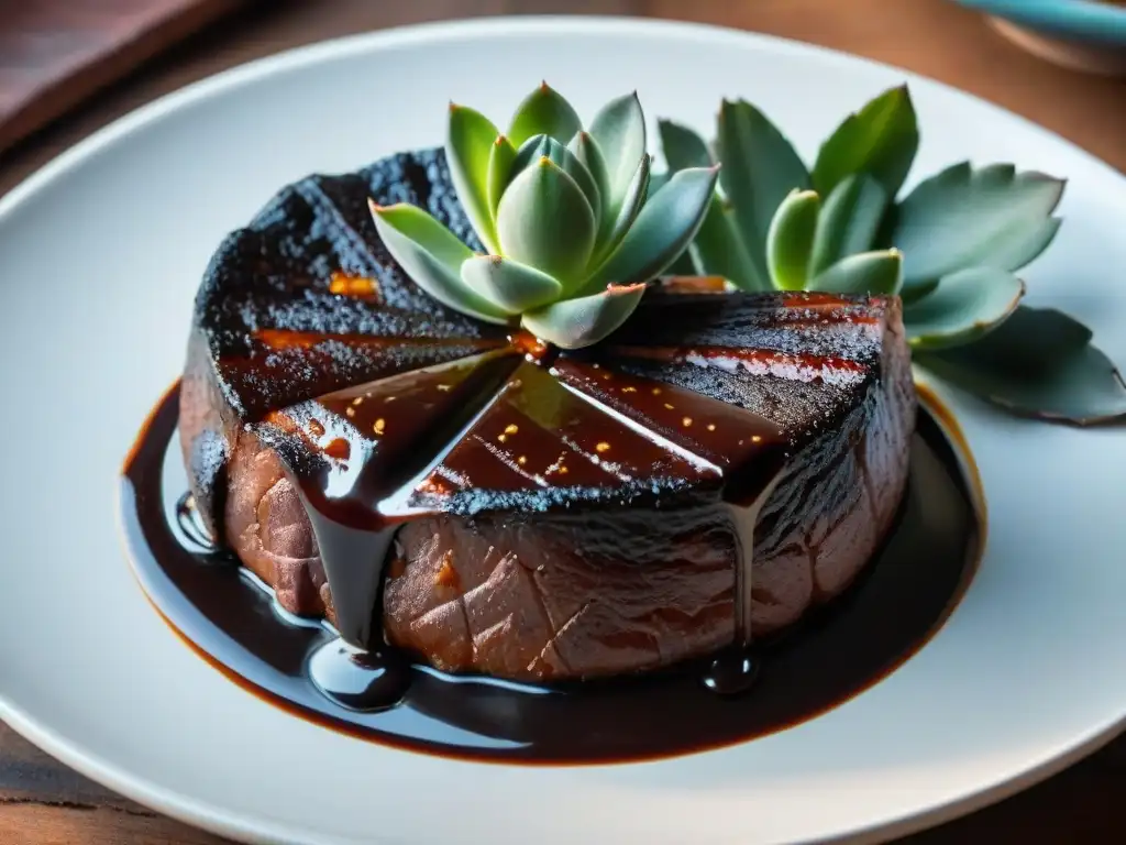 Exquisito asado uruguayo con salsa de chocolate picante, jugoso y con marcas de parrilla, rodeado de elementos tradicionales