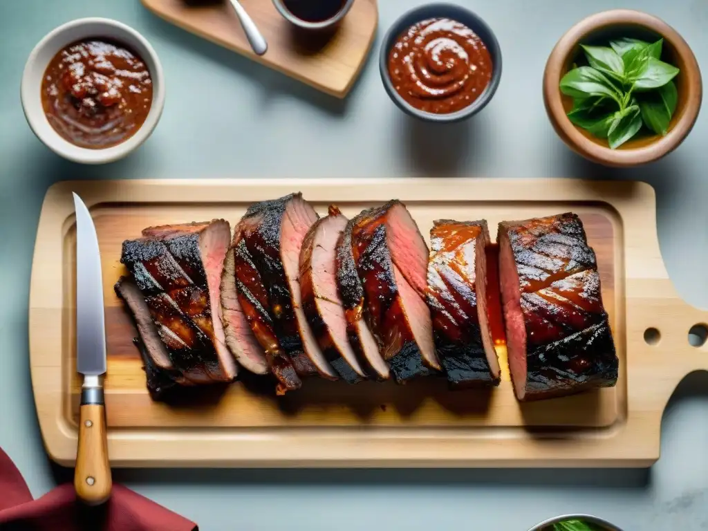 Un exquisito asado uruguayo con salsas premium, destacando colores y texturas vibrantes en su presentación