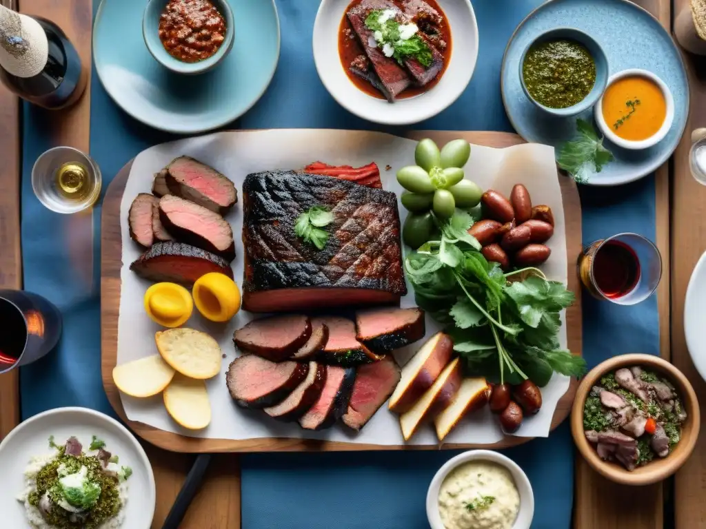 Exquisito asado uruguayo con variaciones y maridaje, en mesa rústica y vibrantes colores