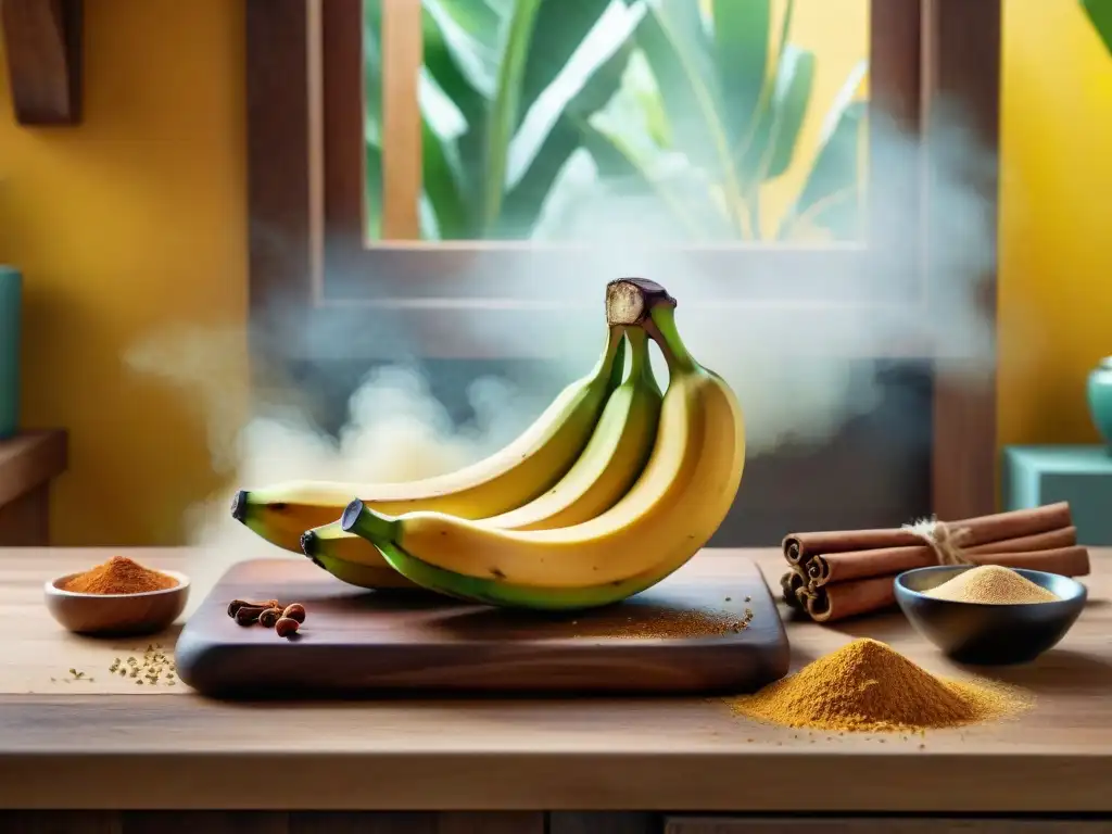 Un exquisito bodegón de plátanos maduros espolvoreados con canela en una cocina rústica tropical