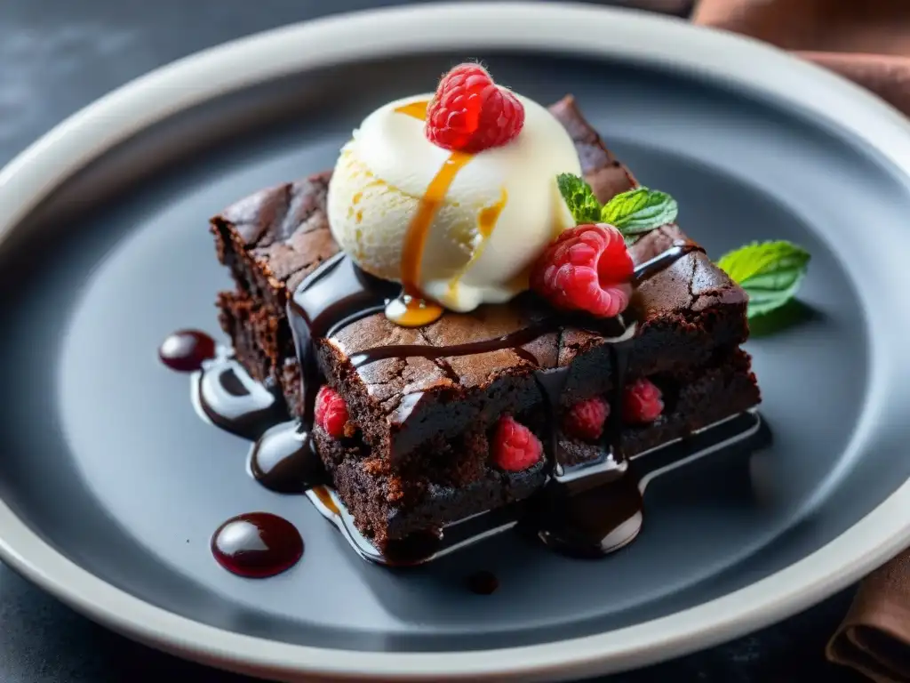 Un exquisito brownie a la parrilla con helado de vainilla, chocolate caliente y frambuesas