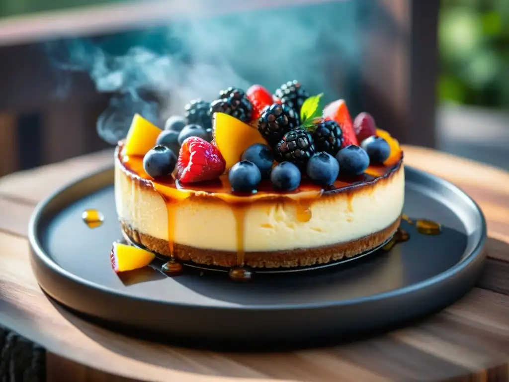 Un exquisito cheesecake a la parrilla con frutas y miel, evocando la calidez del verano y la maestría culinaria