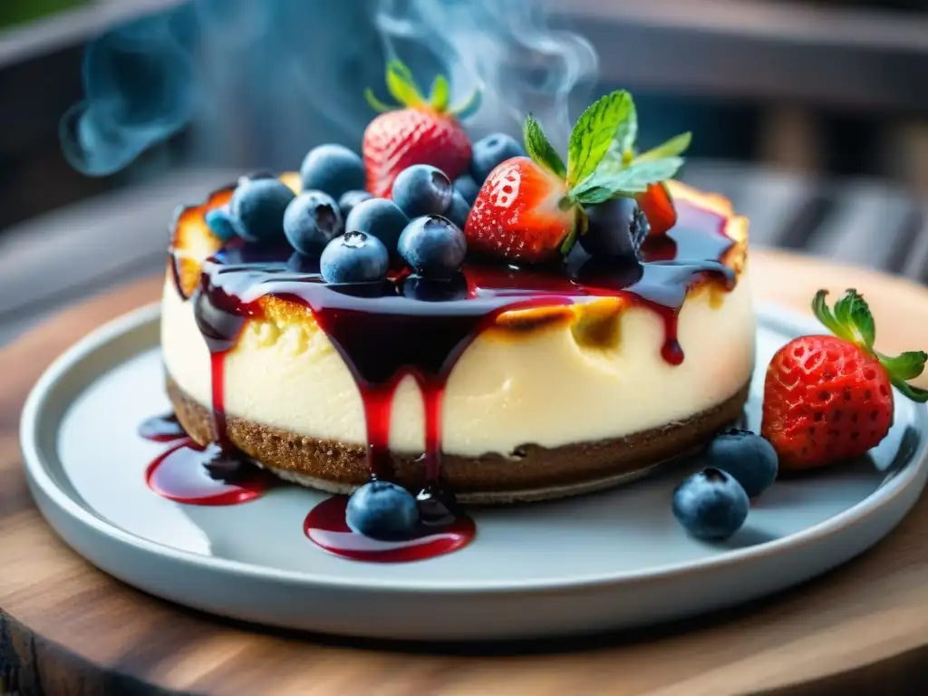 Exquisito cheesecake a la parrilla receta, con frutas caramelizadas y coulis de frambuesa, sobre una tabla de madera rústica