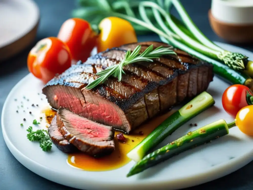 Exquisito corte de carne asado saludable sobre verduras coloridas y jugosas en tabla de madera rústica