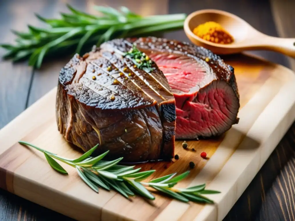 Exquisito corte de carne magra sobre tabla de madera con hierbas frescas, evocando calidad y sabor