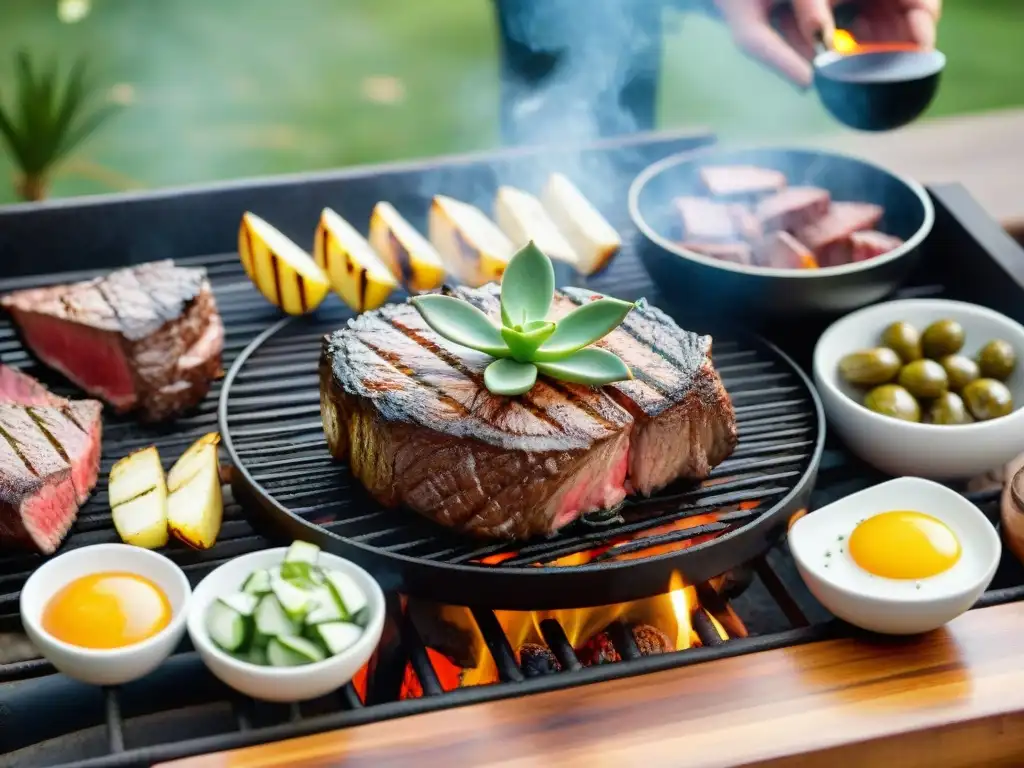 Un exquisito corte premium asado uruguayo en una parrilla, rodeado de amigos y un ambiente lujoso y natural