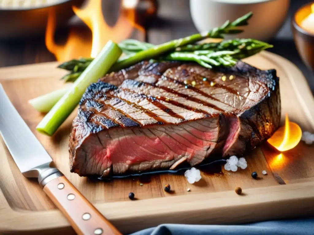 Un exquisito filete a la parrilla con vegetales asados y balsámico, mostrando técnicas alta cocina para asado