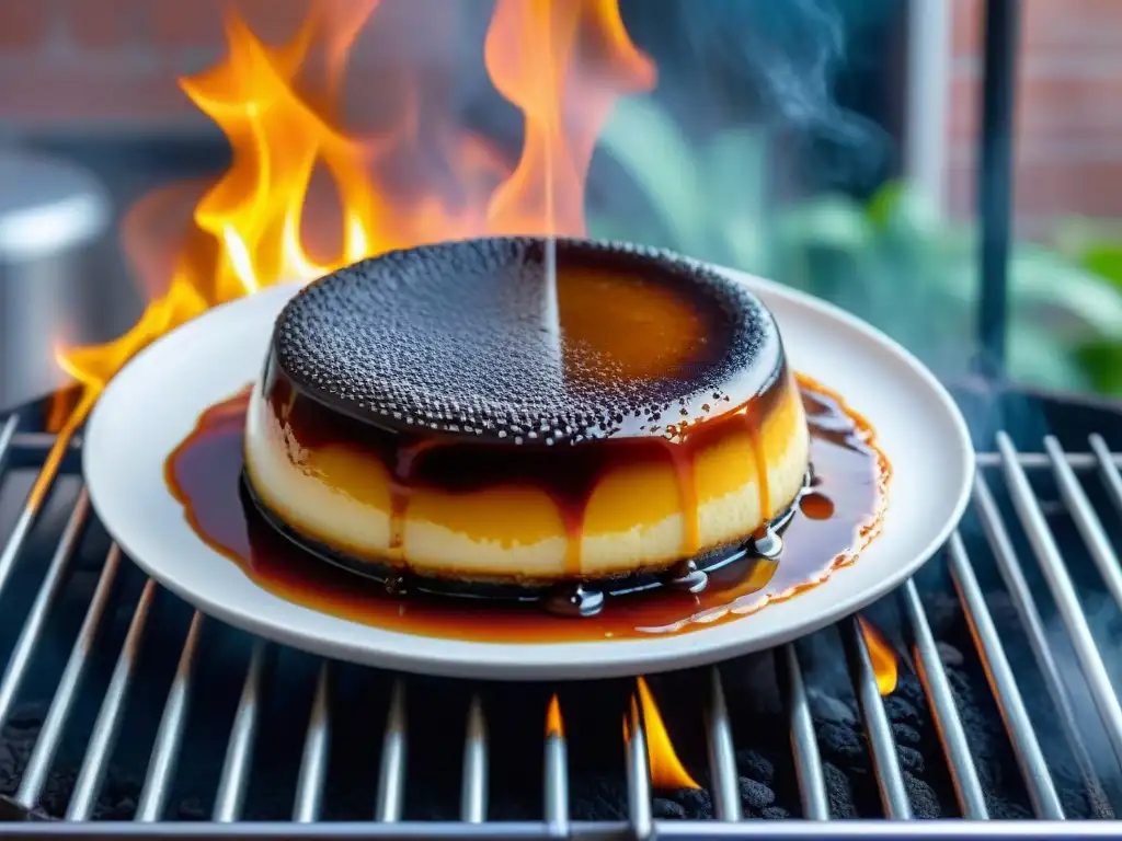 Un exquisito flan a la parrilla, con salsa de caramelo y grill ahumado, una delicia visual y culinaria