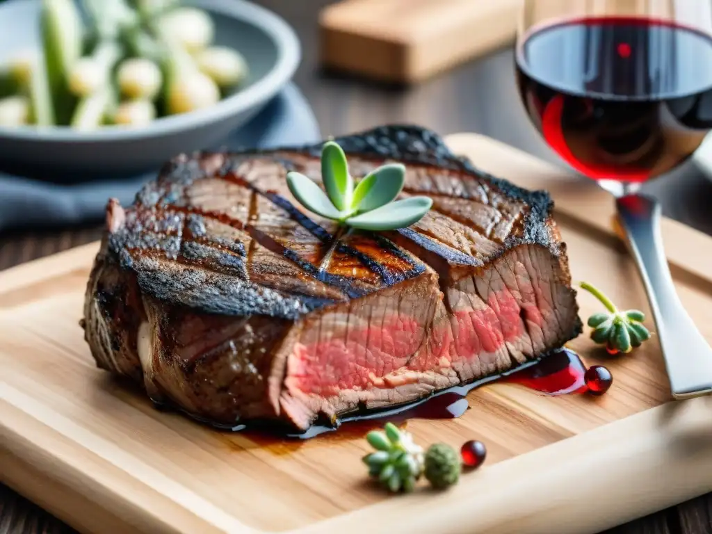 Exquisito maridaje vino carne asado grasos en ambiente lujoso con ribeye jugoso y vino tinto