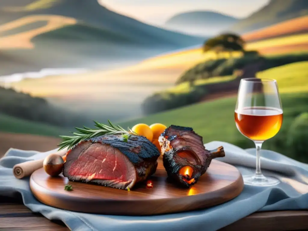 Exquisito maridaje de asado con Grappa uruguaya en mesa rústica, en escenario campestre uruguayo
