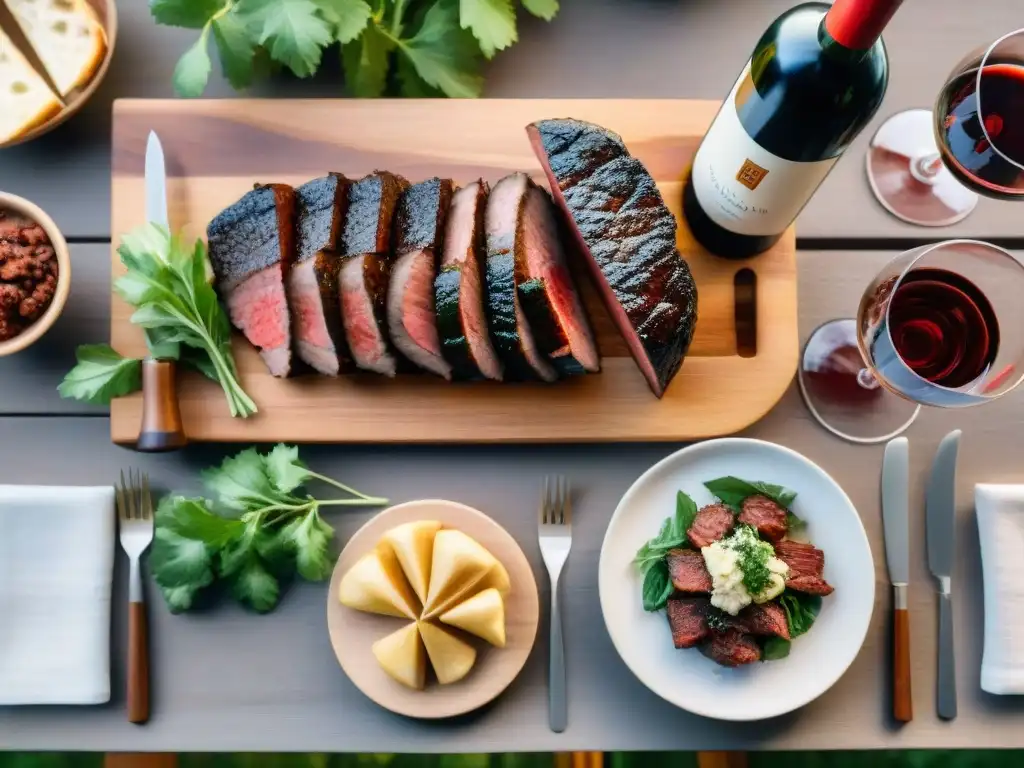 Exquisito maridaje vino y asado uruguayo en mesa rústica, con variedad de vinos y delicias a la parrilla bajo luz cálida entre hojas de vid