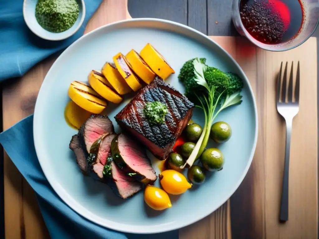 Un exquisito maridaje para asado uruguayo moderno: cortes de carne a la parrilla, chimichurri, verduras y vino tinto en mesa rústica