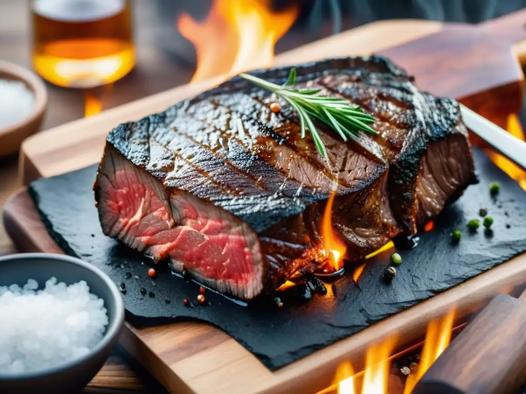 Exquisito maridaje de asados con whisky: jugoso Wagyu a la parrilla con salsa dorada, en un entorno cálido y lujoso al atardecer