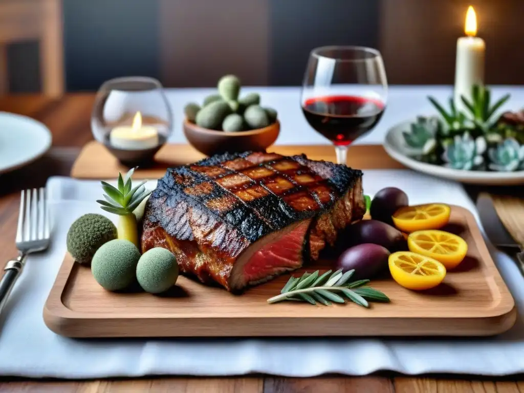 Exquisito maridaje de carne uruguaya y vino en una mesa elegante y acogedora