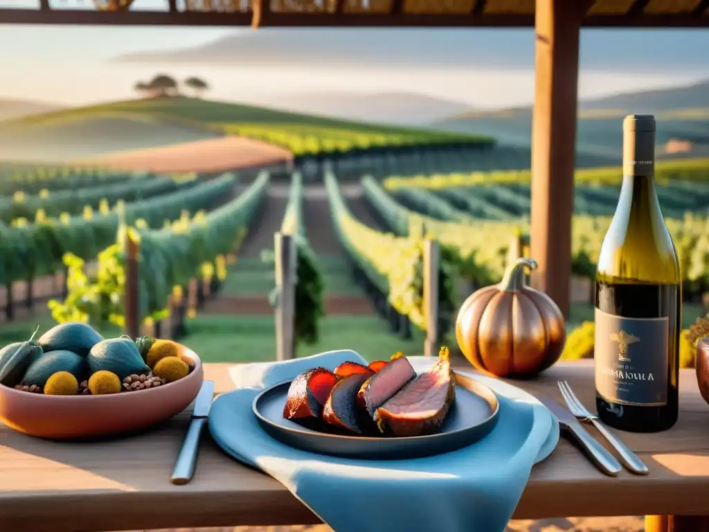 Exquisito maridaje de carnes y vinos en Uruguay con vista a viñedo al atardecer