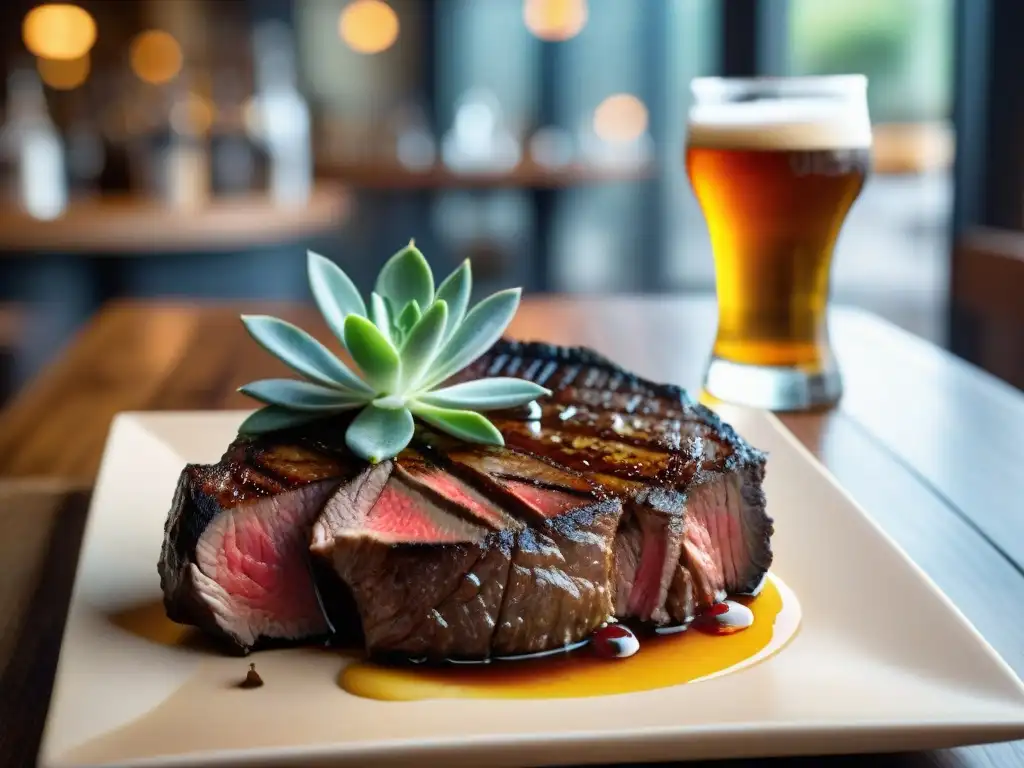 Un exquisito maridaje de cervezas artesanales con un asado uruguayo, resaltando los sabores y colores en una mesa rústica