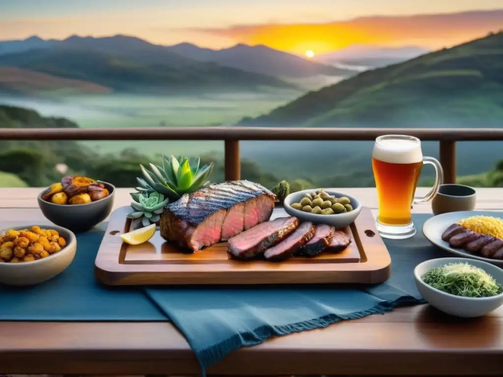 Exquisito maridaje cervezas artesanales asado Uruguay en mesa rústica con paisaje campestre al atardecer