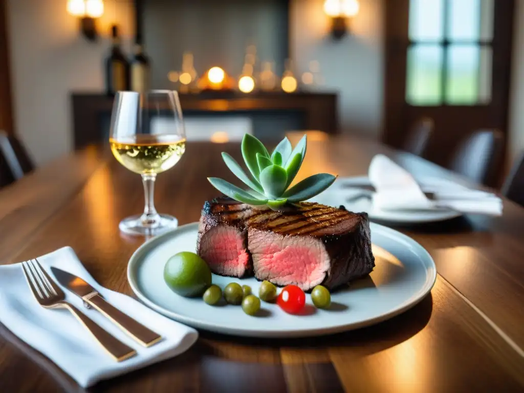 Exquisito maridaje con cortes de carne uruguaya y licores locales en mesa elegante