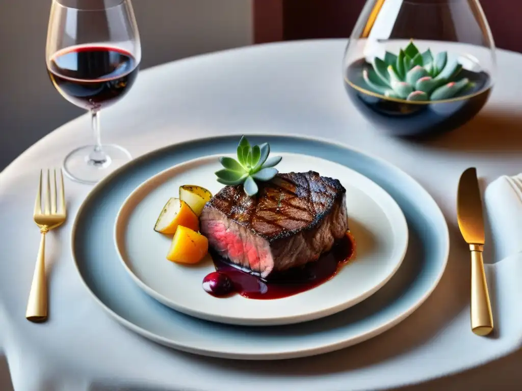 Exquisito maridaje carne uruguaya vino en mesa elegante con steak jugoso y vino Tannat