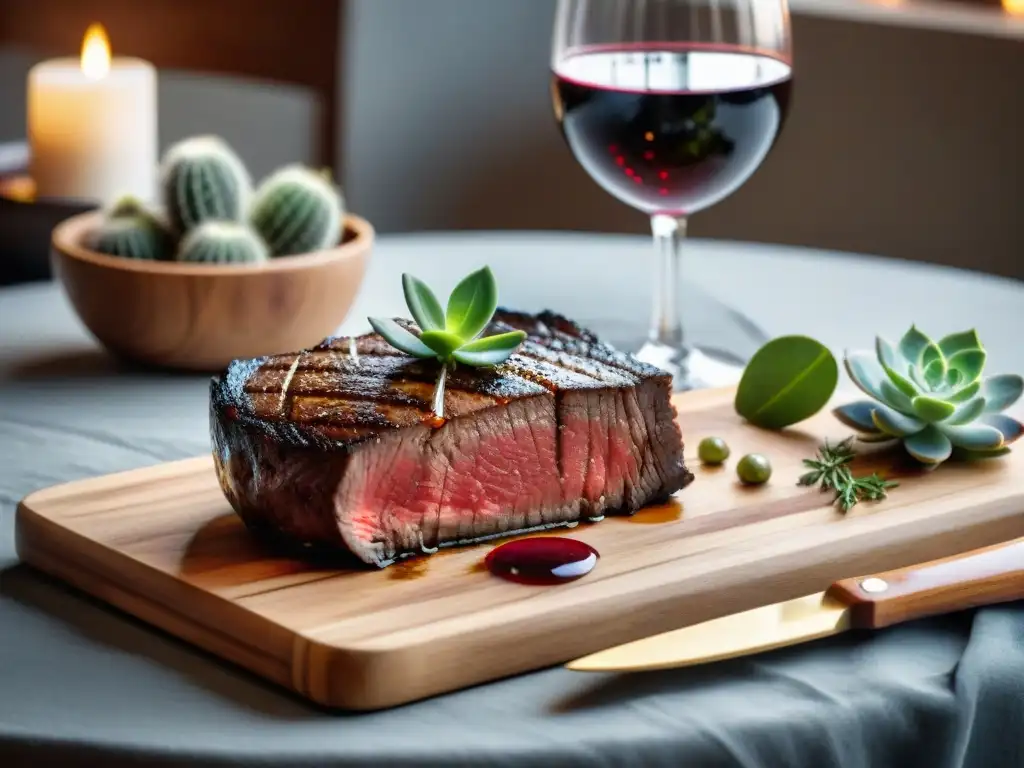 Exquisito maridaje vino uruguayo carne: jugoso steak y copa de Tannat tinto en mesa elegante iluminada por vela