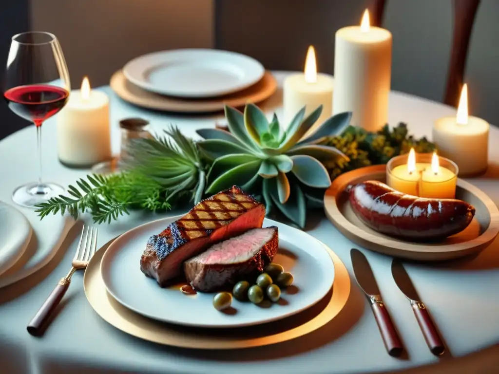 Exquisito maridaje vinos asado invierno en mesa elegantemente decorada