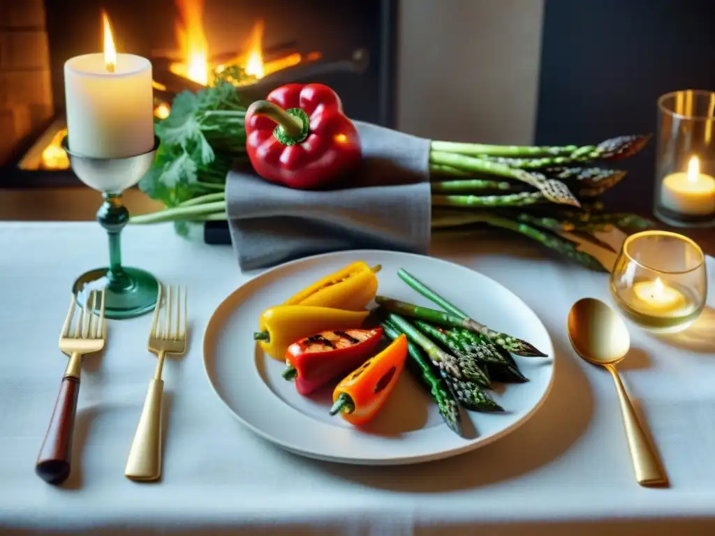 Exquisito maridaje vinos asados vegetales en mesa elegante con velas y copas de vino