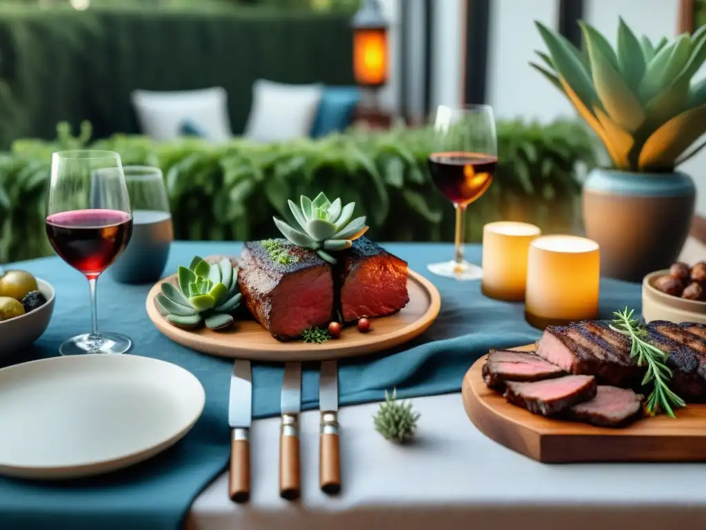 Un exquisito maridaje vinos carne asado Uruguay en un jardín acogedor y elegante