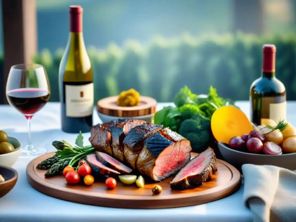 Un exquisito maridaje de vinos y asados experto en una mesa elegante al aire libre