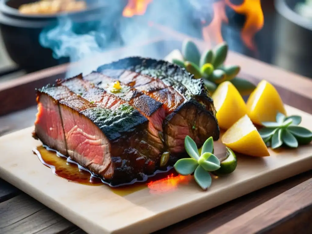 Un exquisito maridaje de vinos uruguayos con asado, mostrando la jugosidad y texturas de la parrillada