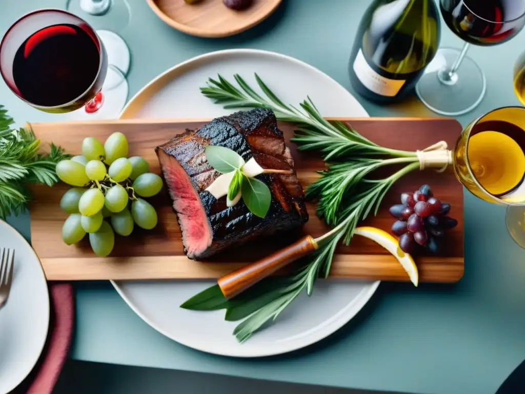 Maridaje perfecto: vinos uruguayos y asado gourmet Un exquisito maridaje de vinos uruguayos para asado, con cortes de carne y copas elegantes