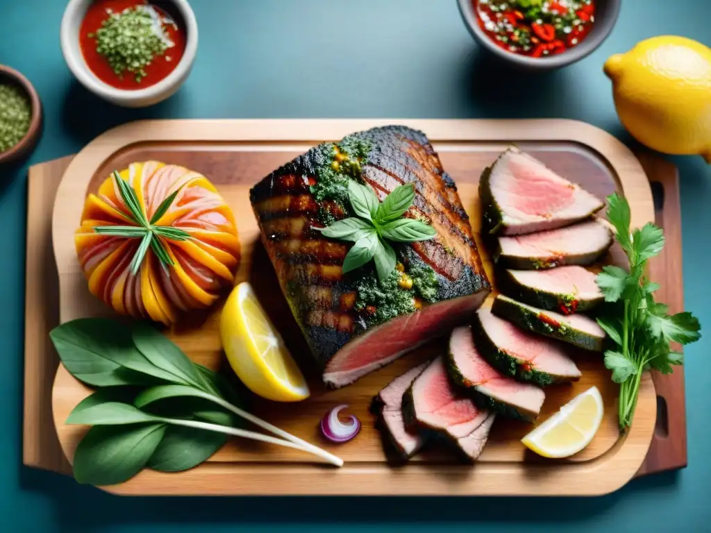 Exquisito marinado de carnes para asado en tabla de madera con colores y texturas vibrantes bajo suave luz natural