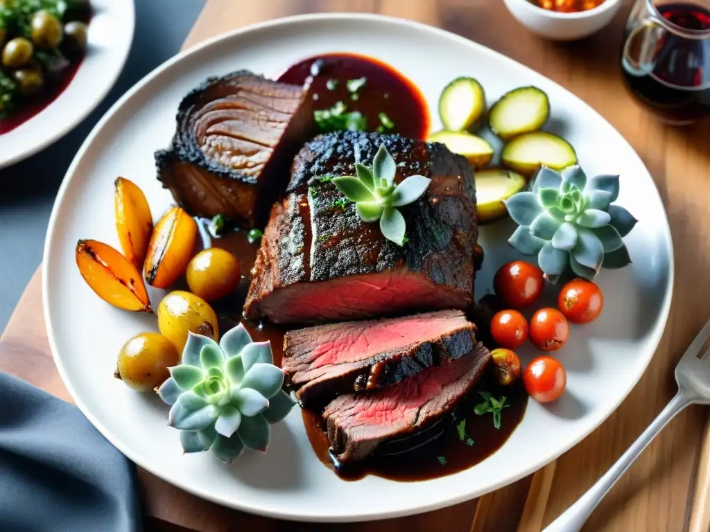 Un exquisito morcillo asado uruguayo rodeado de guarniciones coloridas y vino tinto