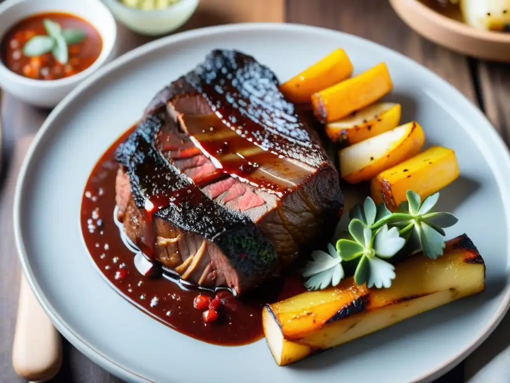 Exquisito morcillo asado uruguayo: carne tierna y jugosa en salsa rica, caramelizada y brillante en bandeja de madera rústica