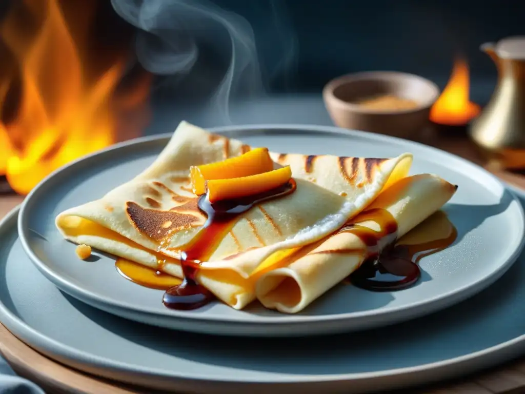 Un exquisito plato de crepes suzette con salsa caramelizada, giro uruguayo crepes suzette