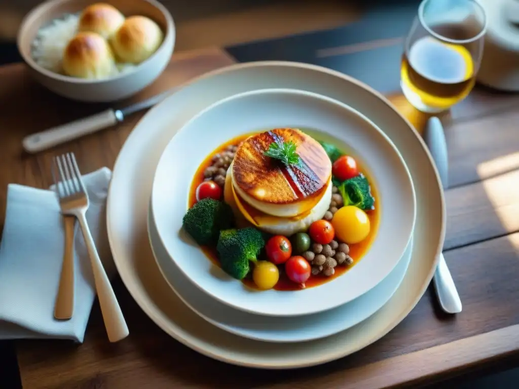 Un exquisito plato gourmet recién preparado sobre una mesa de madera rústica, destacando la edición de fotos gastronómicas