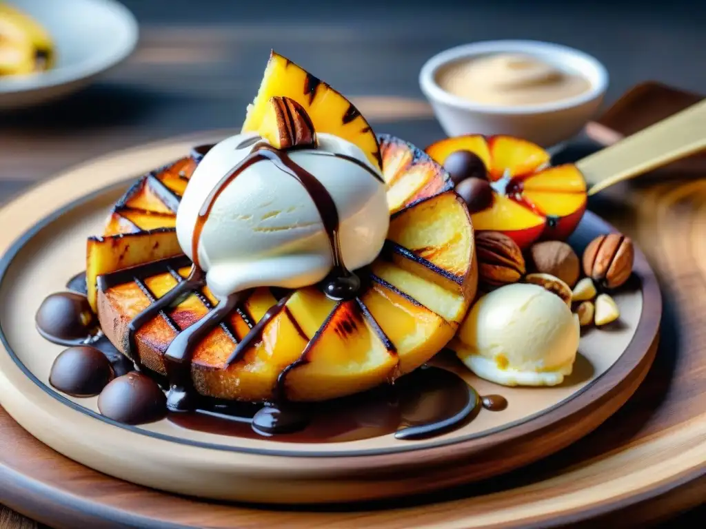 Un exquisito plato de postres a la parrilla con salsa de chocolate, frutas caramelizadas y helado de vainilla