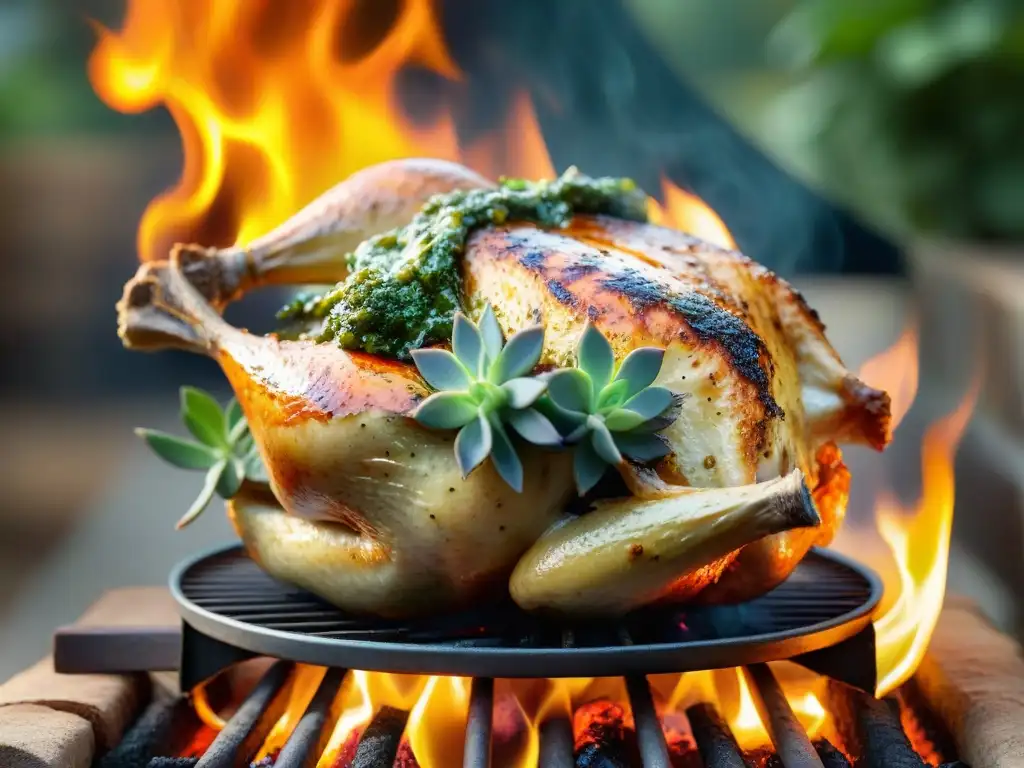 Un exquisito pollo asado en chimichurri uruguayo, dorado y jugoso sobre brasas ardientes