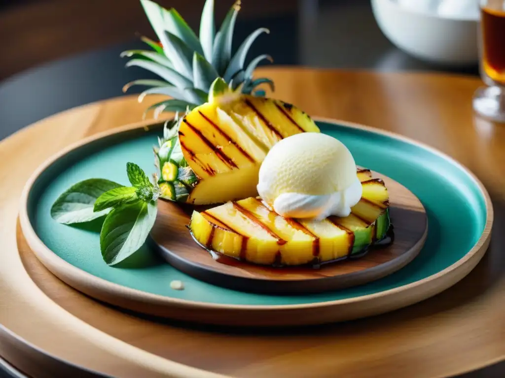 Un exquisito postre a la parrilla gourmet: piña caramelizada con helado de coco, salsa de caramelo y menta fresca